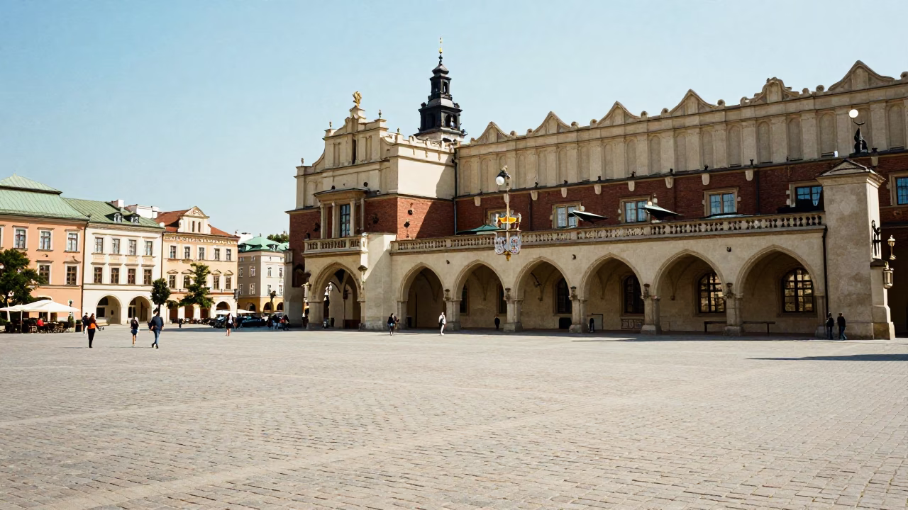 Krakow Poland Noon Sunlight Over Historic Market Square Cobblestones and Stone Architecture in in Krakow, Poland