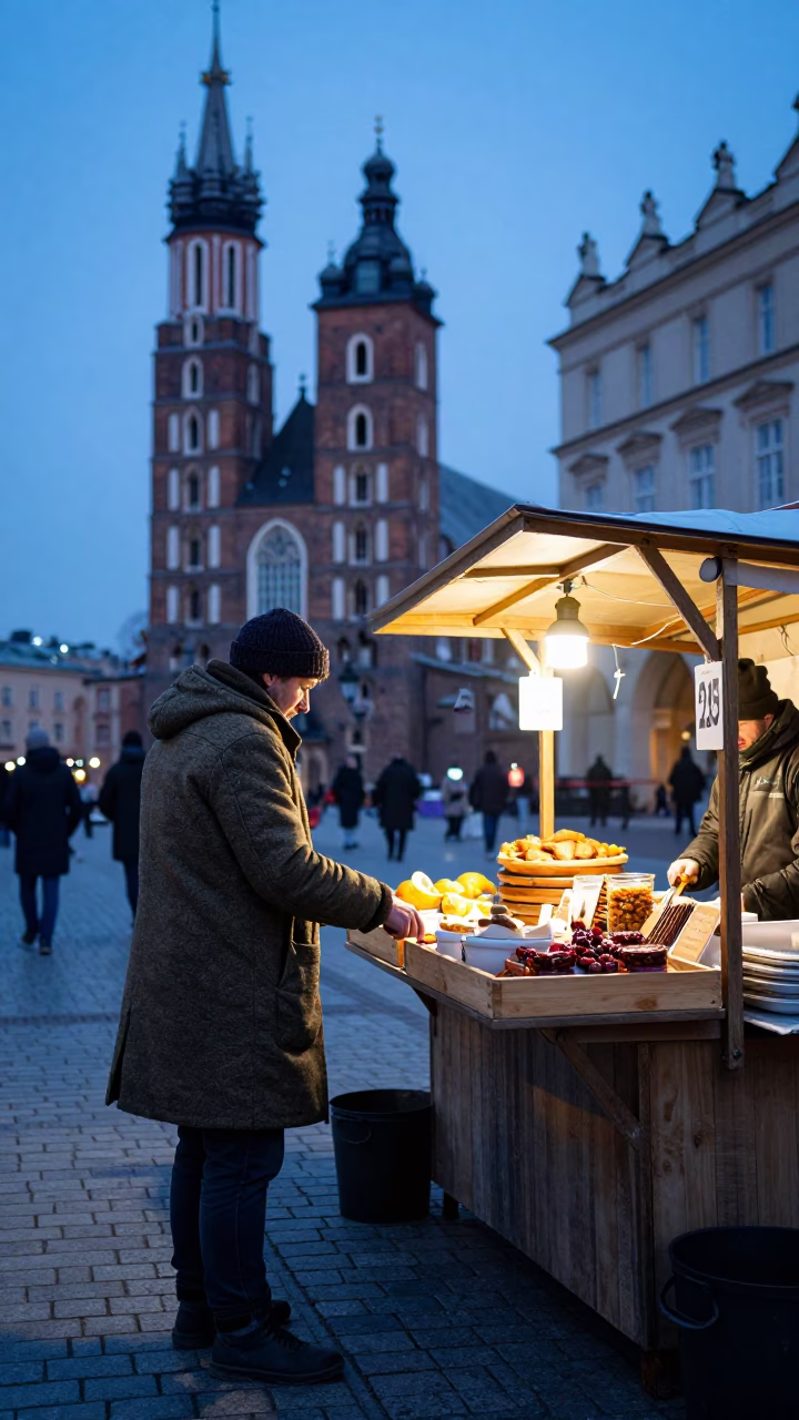 Krakow Poland Pre-Dawn Market Stall With Vendor And Traditional Food Near Main Square in in Krakow, Poland