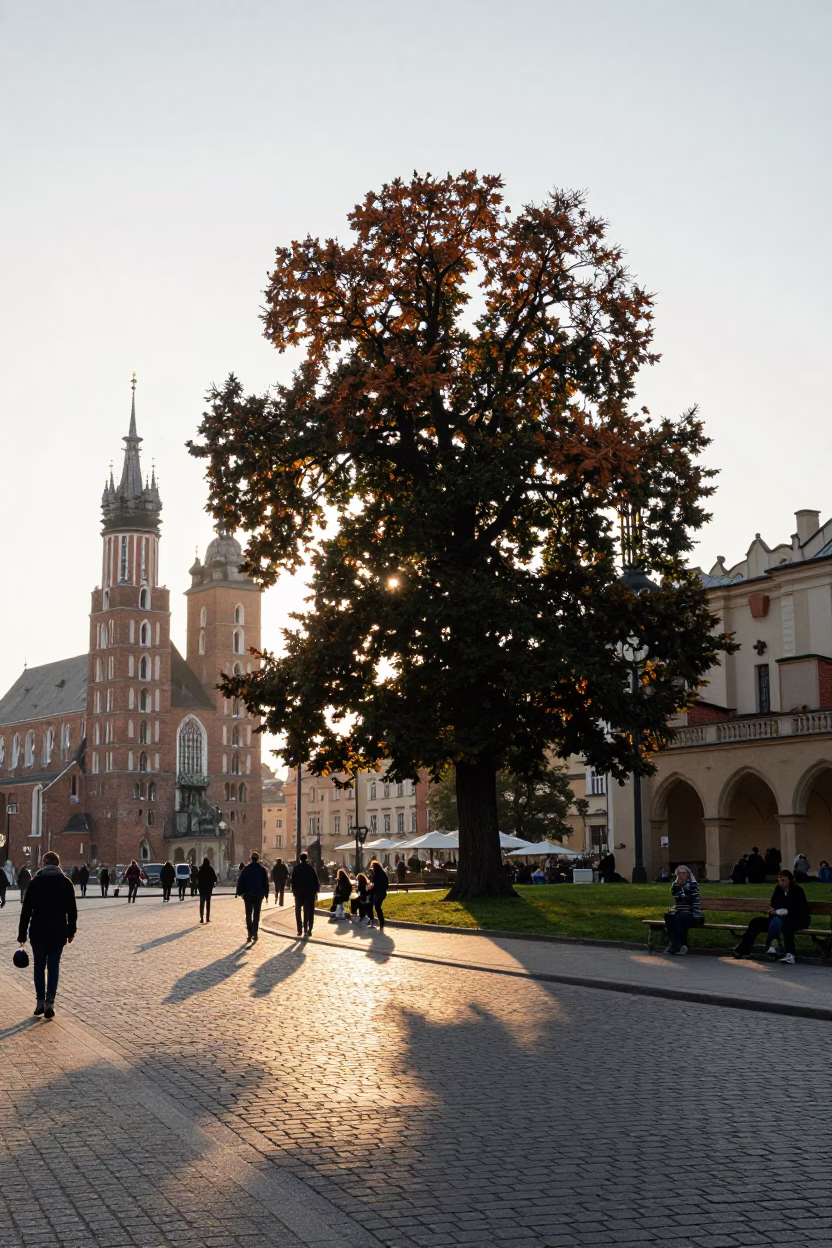 Krakow Poland Street Scene After Sunrise with Copper Beech and Urban Details in in Krakow, Poland