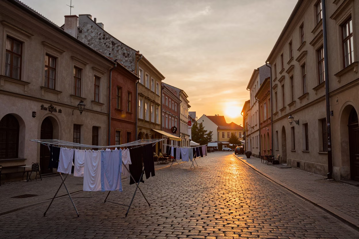 Krakow Poland Street Scene at Sunset with Drying Rack and Local Life in in Krakow, Poland