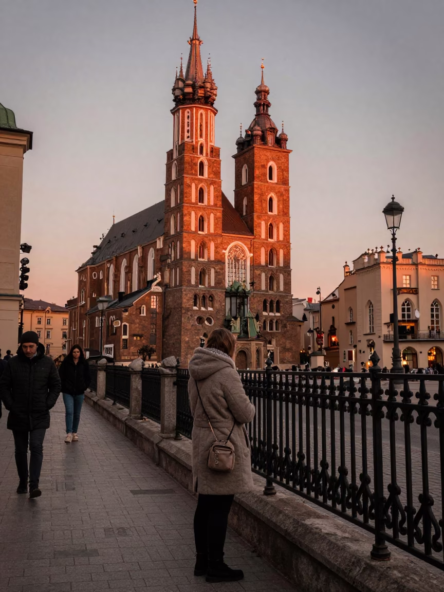 Krakow Poland Street Scene Before Dusk Copper Light and Urban Life in in Krakow, Poland