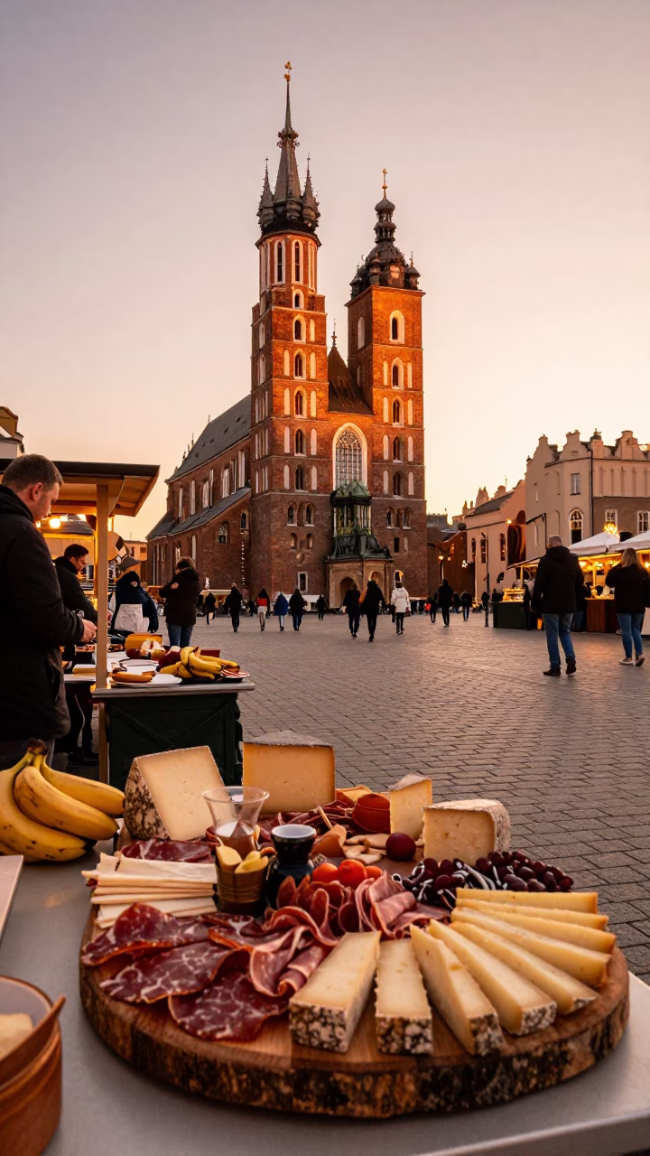 Krakow Poland Street Scene Before Dusk with Charcuterie and Bananas in in Krakow, Poland