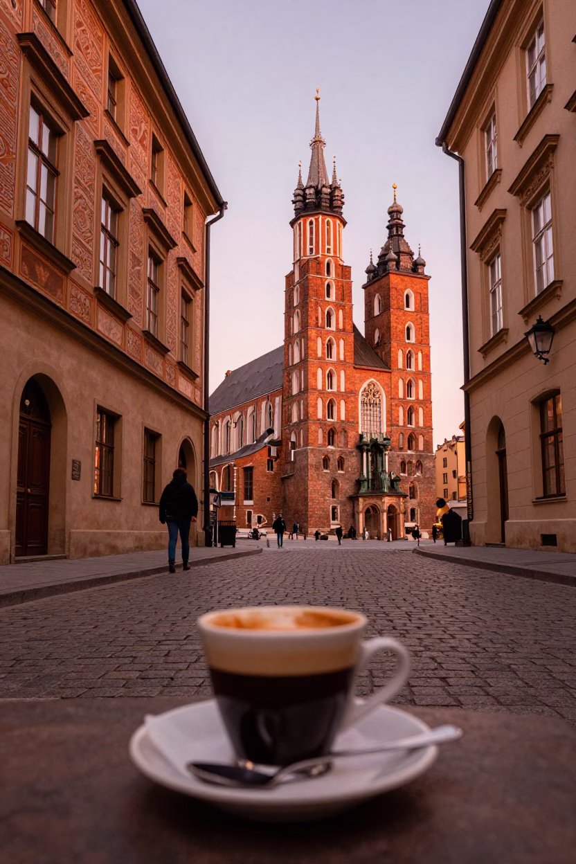 Krakow Poland Street Scene Before Dusk with Espresso Cup and Stone Architecture in in Krakow, Poland