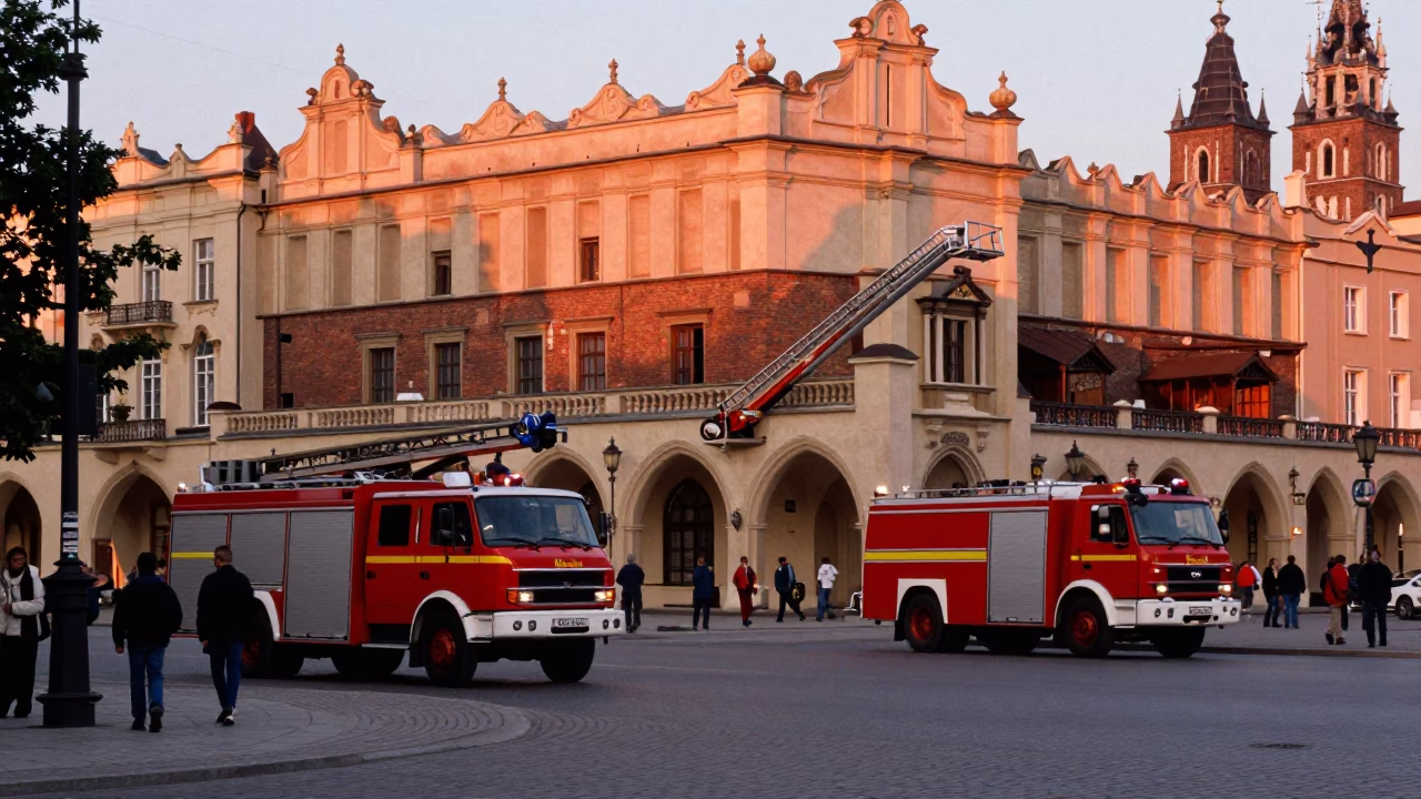 Krakow Poland Street Scene Before Dusk with Fire Engine and Willows in in Krakow, Poland