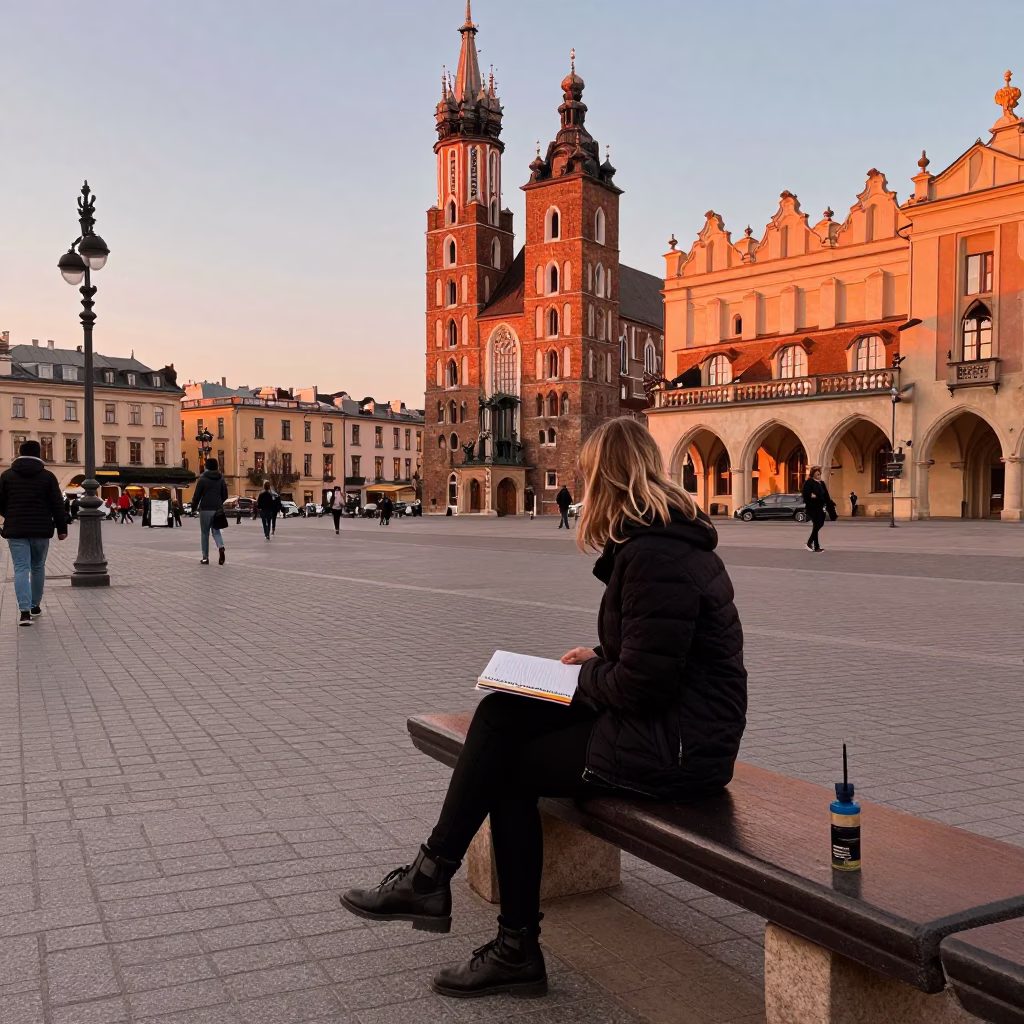 Krakow Poland Street Scene Before Dusk with Notebook and Grease Sheen in in Krakow, Poland