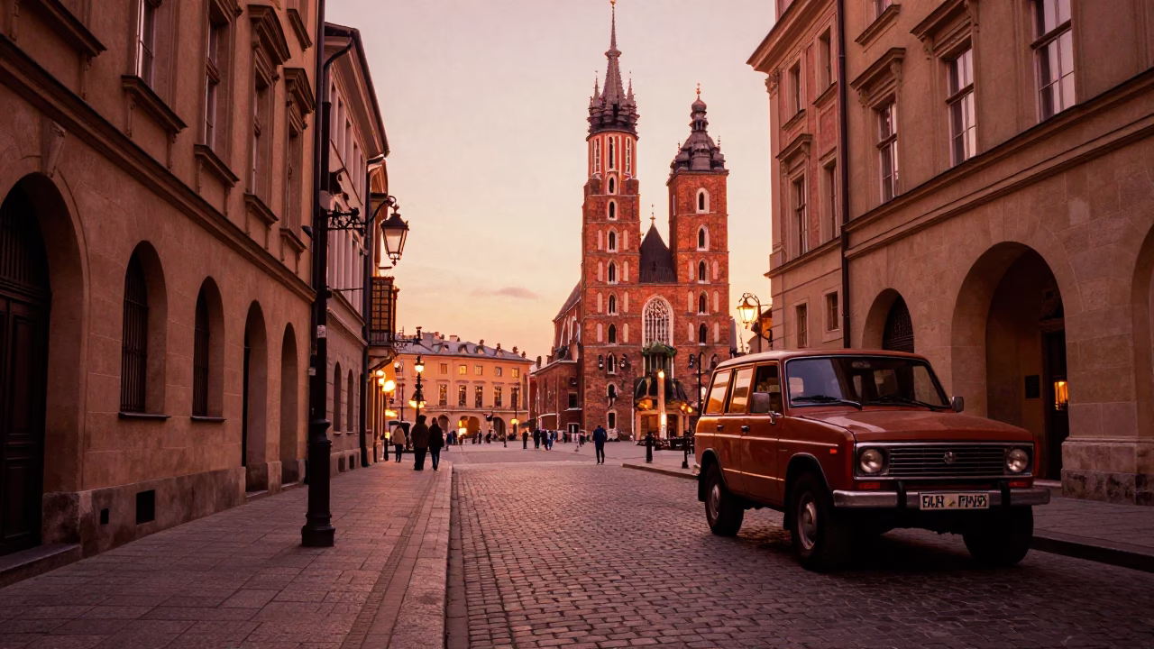 Krakow Poland Street Scene Before Dusk With Vintage SUV And Local Shop Details in in Krakow, Poland