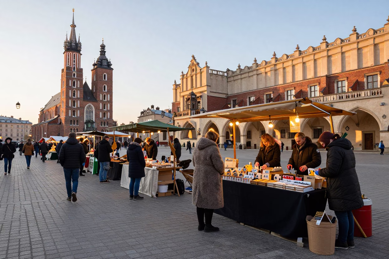 Krakow Poland Street Scene Just After Sunrise With Local Market Activity in in Krakow, Poland