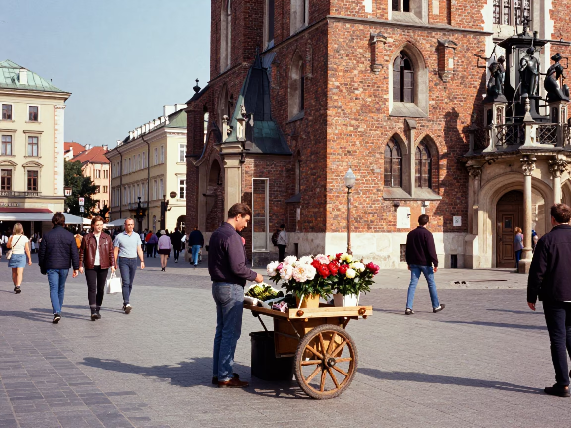 Krakow Poland street scene midmorning light colorful candid moment in in Krakow, Poland