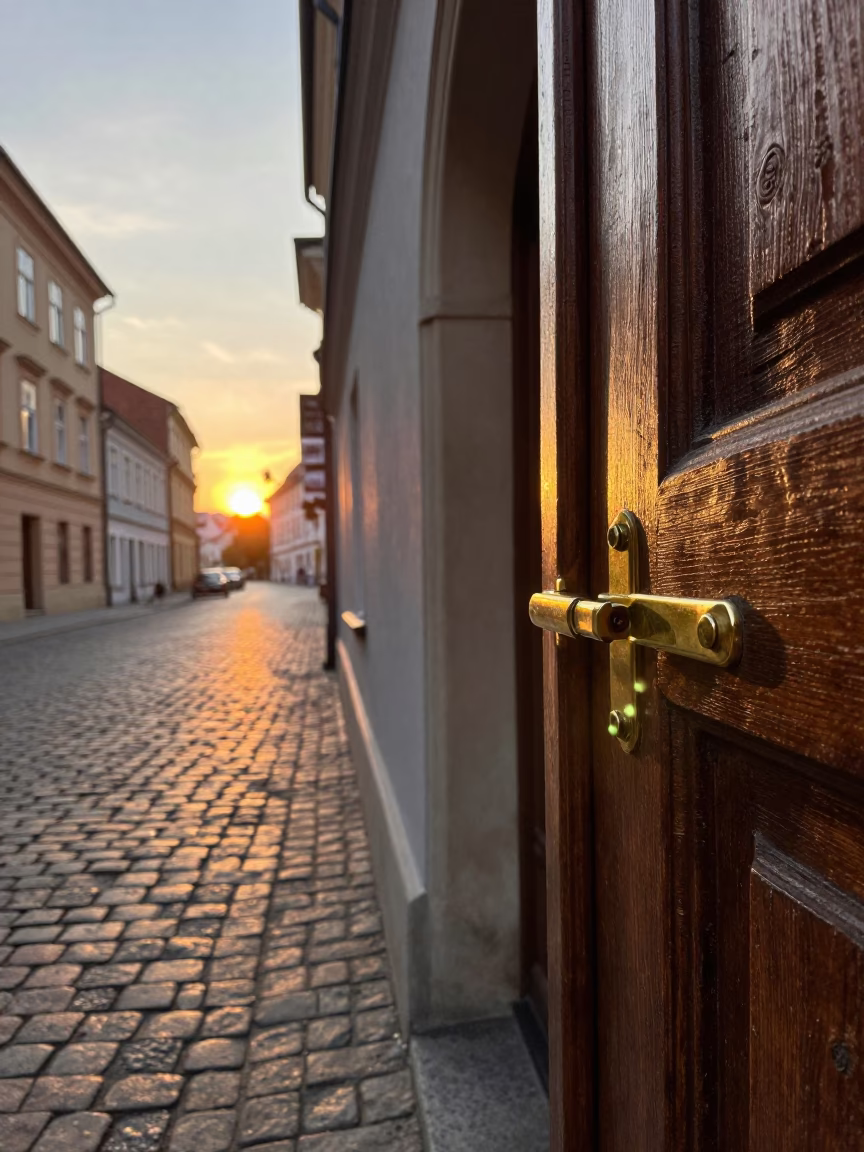 Krakow Poland Street Scene with Indigo Fabric and Brass Latch at Sunset in in Krakow, Poland