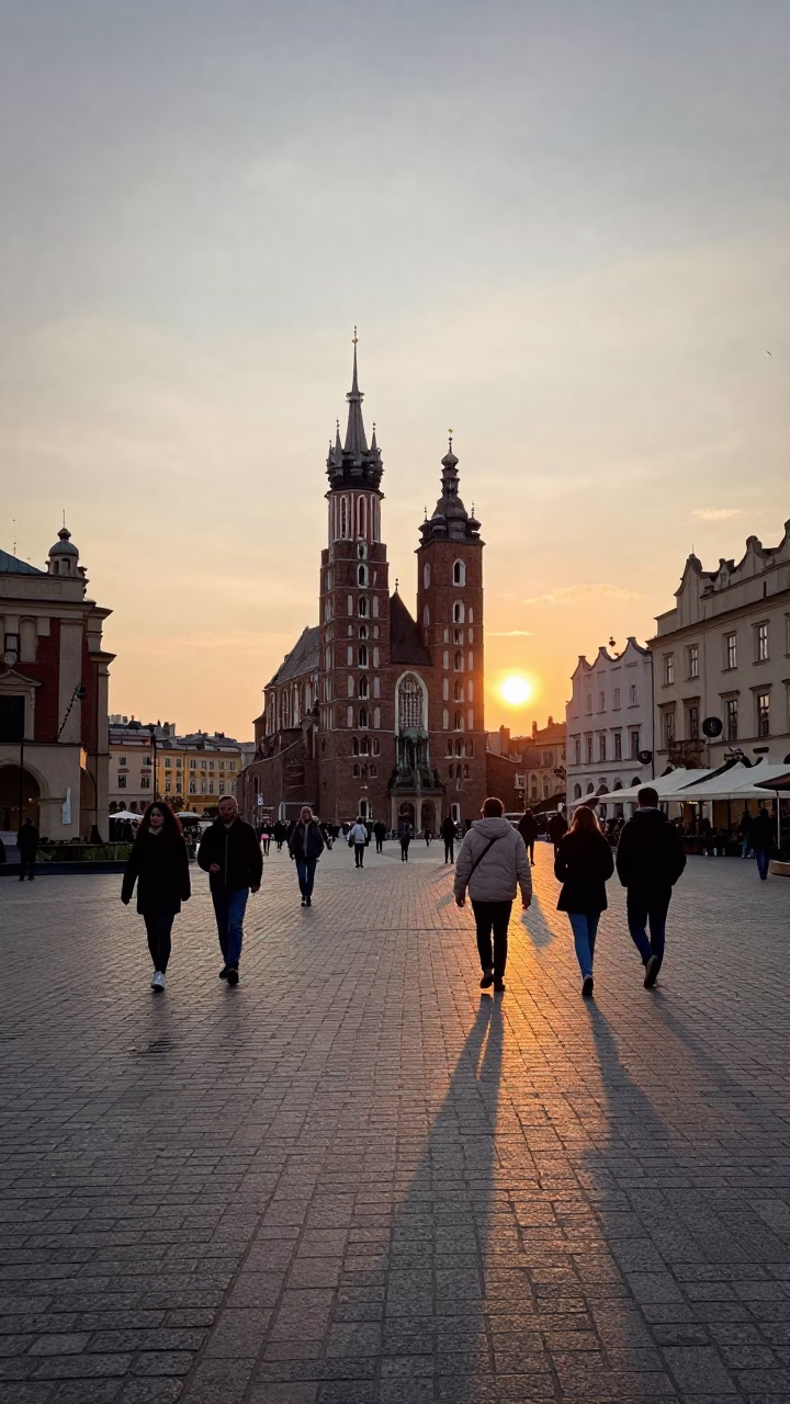 Krakow Poland Street Scene with Medal Ribbon at Sunset in in Krakow, Poland