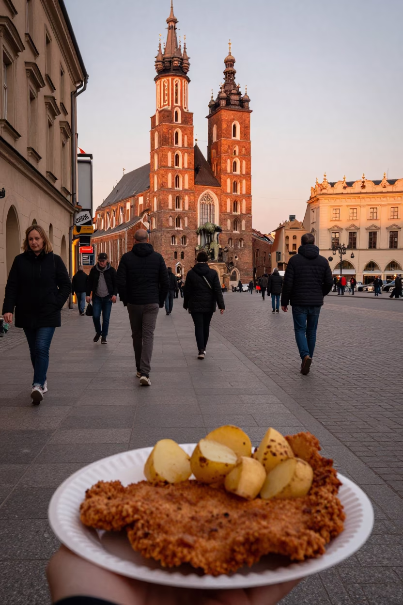 Krakow Poland street scene with traditional food and urban architecture in golden hour light in in Krakow, Poland