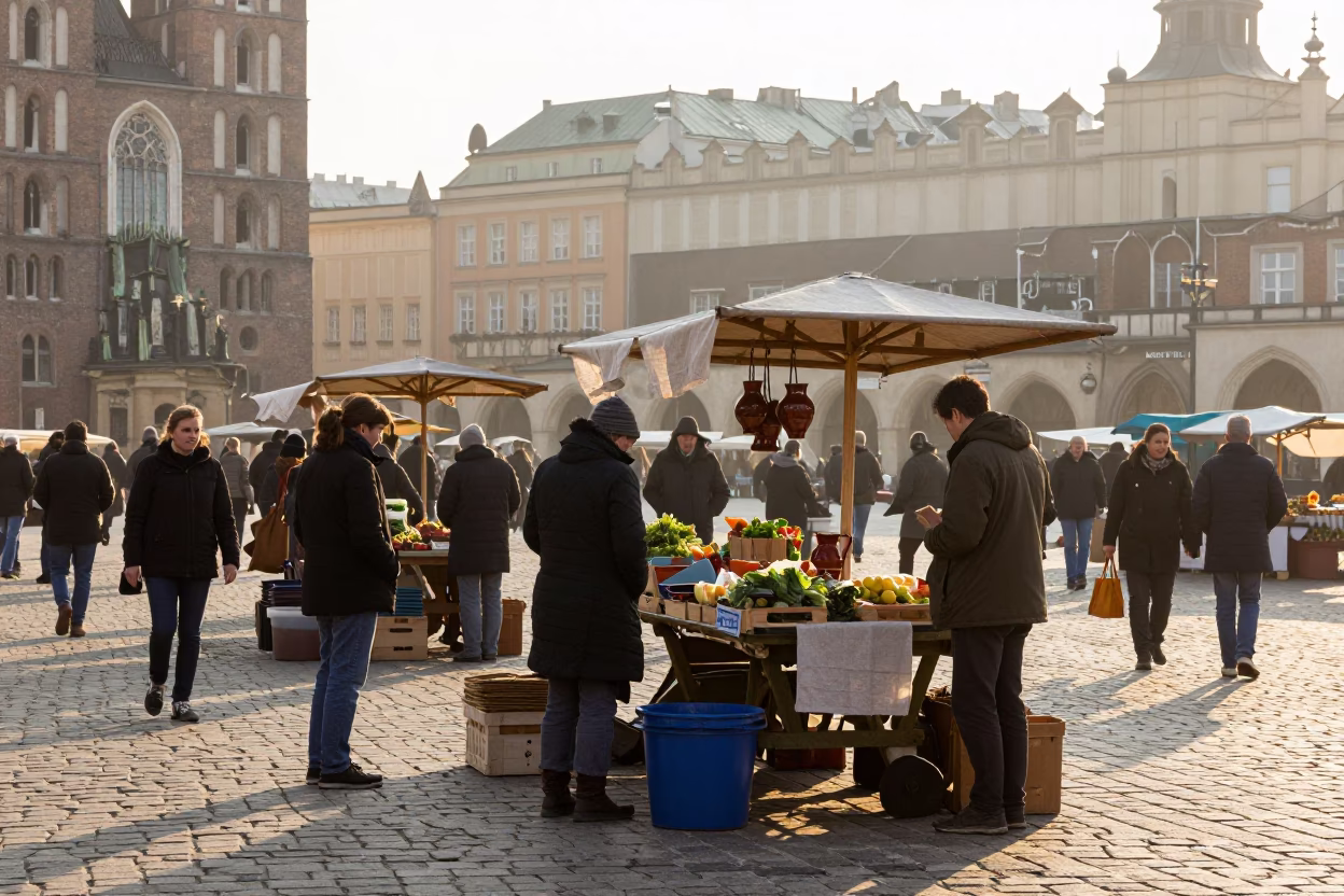 Krakow Poland Sunrise Market Scene with Ceramic Pitcher and Linen Runners in in Krakow, Poland