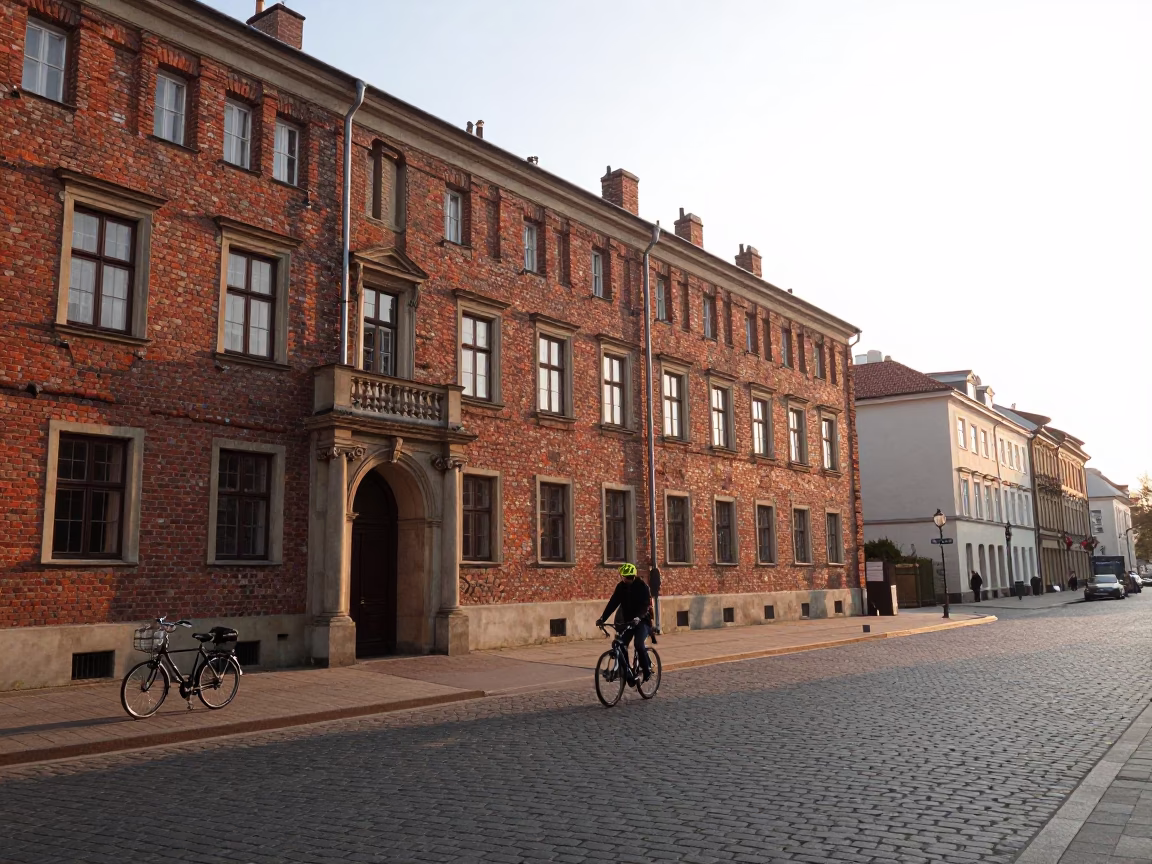 Krakow Poland Sunrise Street Scene with Bicycle and Brick Architecture in in Krakow, Poland