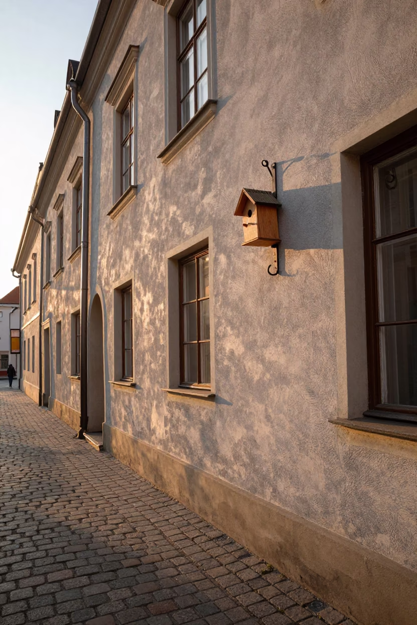 Krakow Poland Sunrise Street Scene with Birdhouse and Iron Hook on Historic Facade in in Krakow, Poland