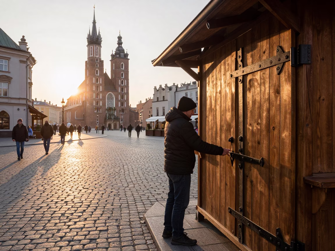 Krakow Poland Sunrise Street Scene with Hinge Detail and Morning Light in in Krakow, Poland