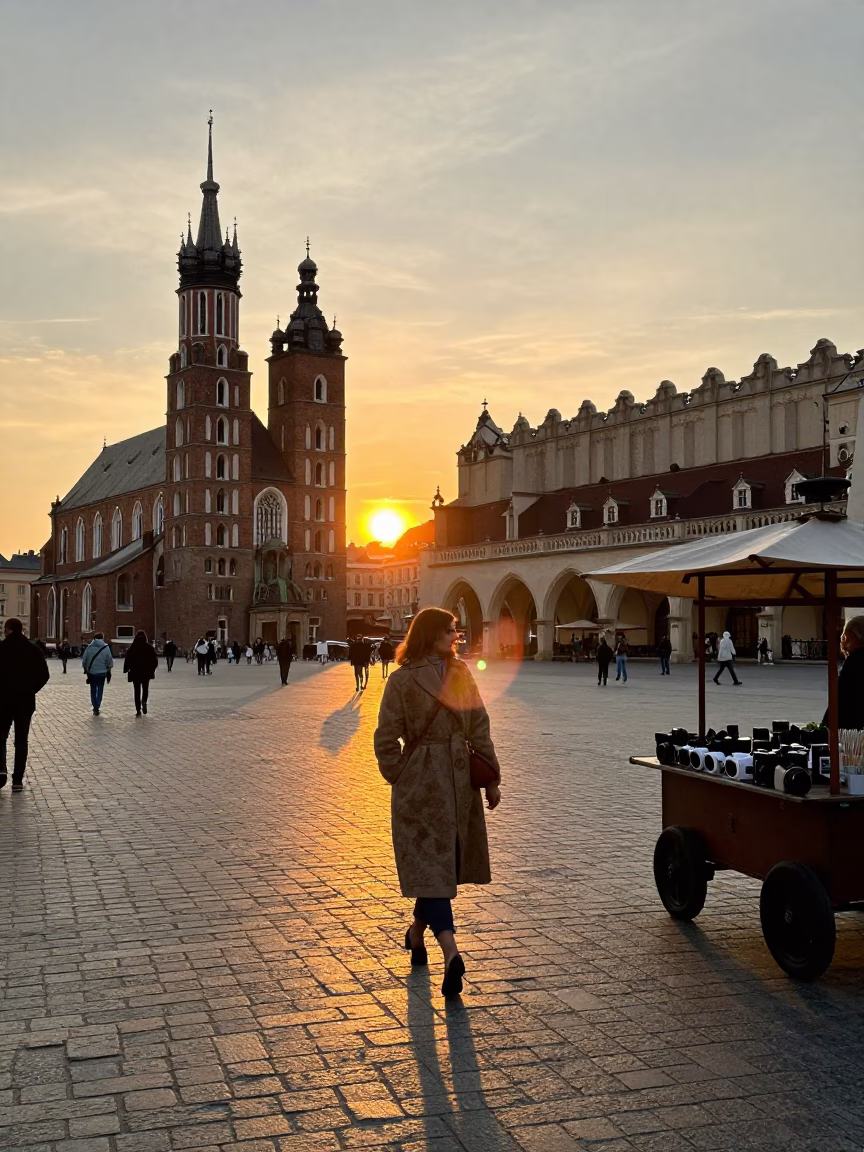 Krakow Poland Sunset Evening Stroll Near Main Market Square with Canisters and Urban Details in in Krakow, Poland