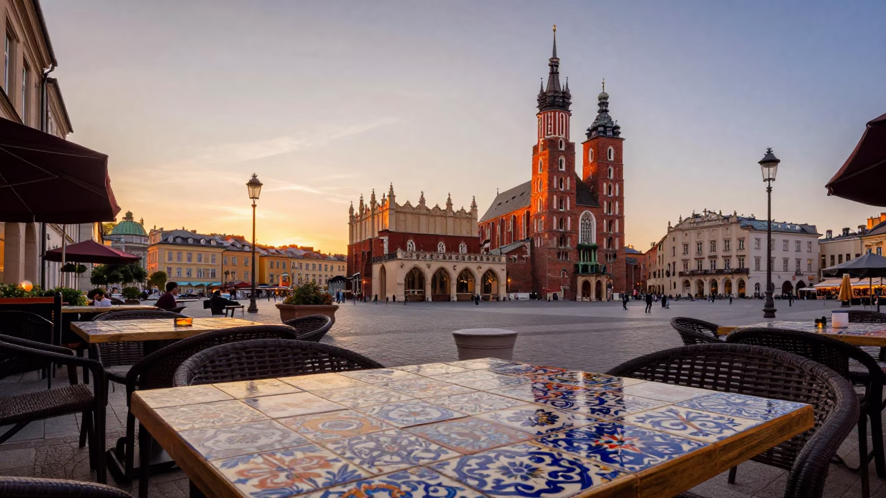 Krakow Poland Sunset Street Scene with Ceramic Tiles and Red Wine Glass in in Krakow, Poland