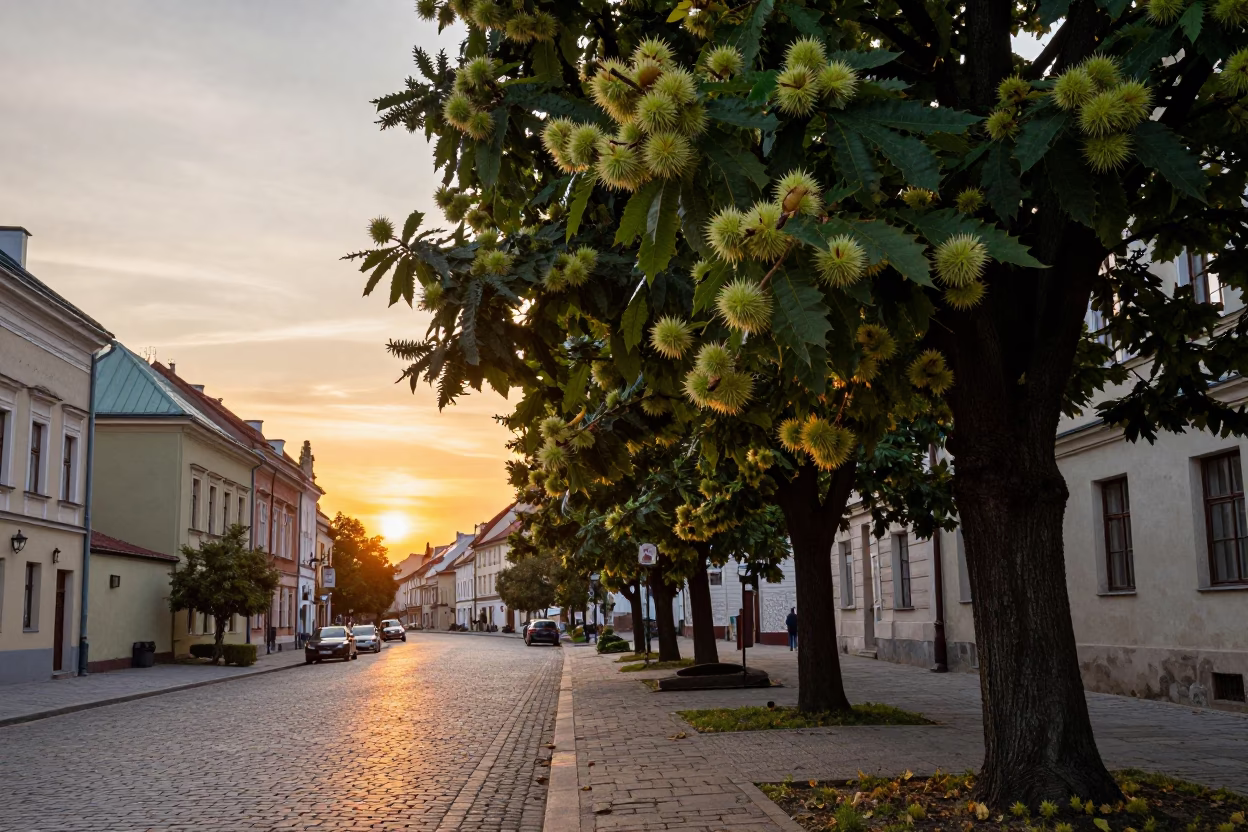 Krakow Poland Sunset Street Scene with Chestnut Tree Husks and Local Architecture in in Krakow, Poland