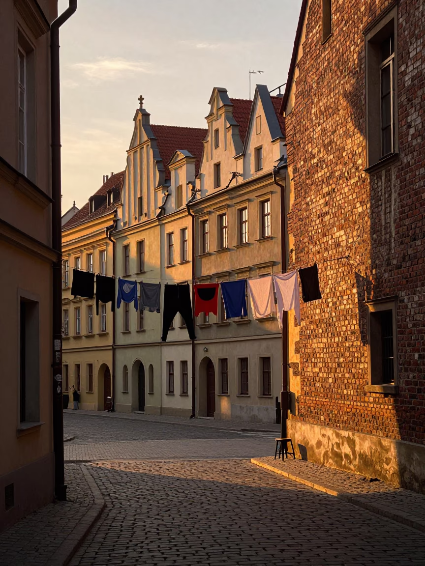 Krakow Poland Sunset Street Scene with Clothesline and Stool Leg Window Light in in Krakow, Poland