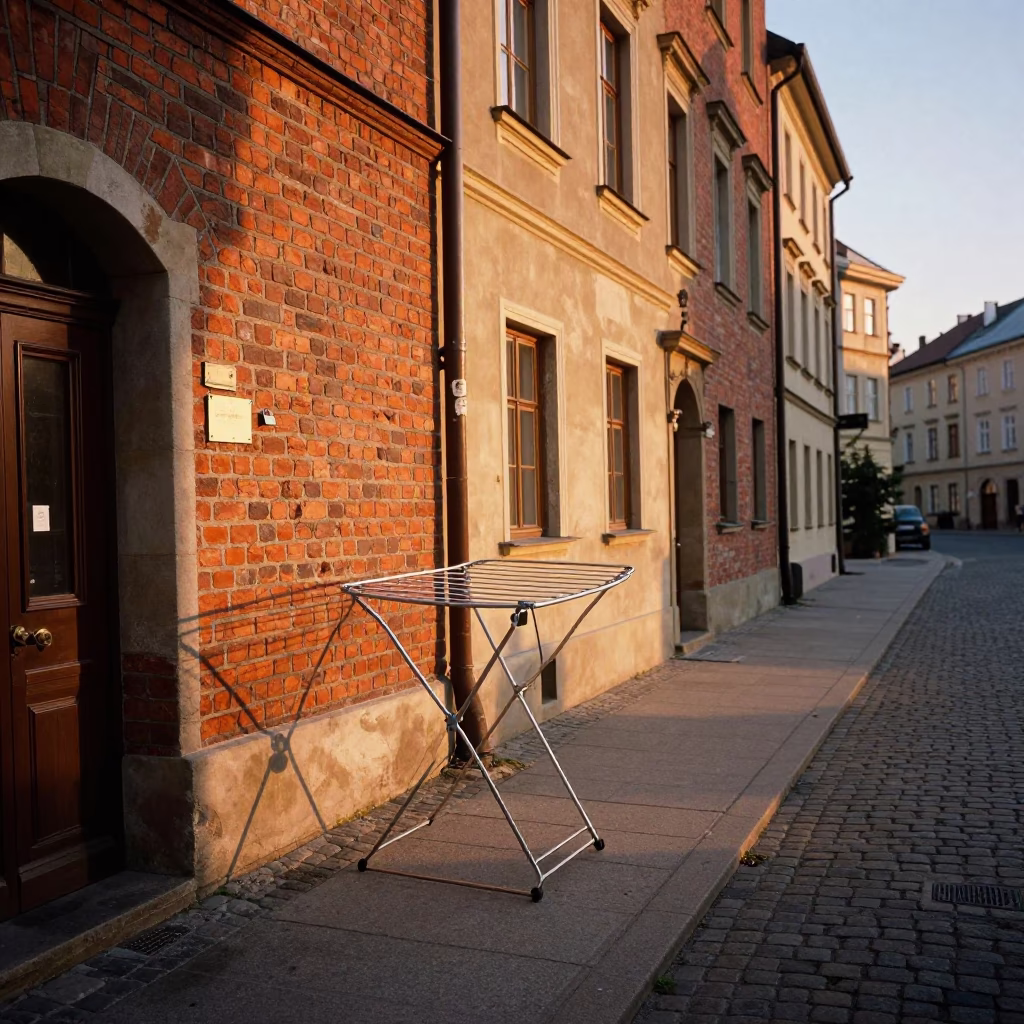 Krakow Poland Sunset Street Scene with Drying Rack and Padlock in in Krakow, Poland