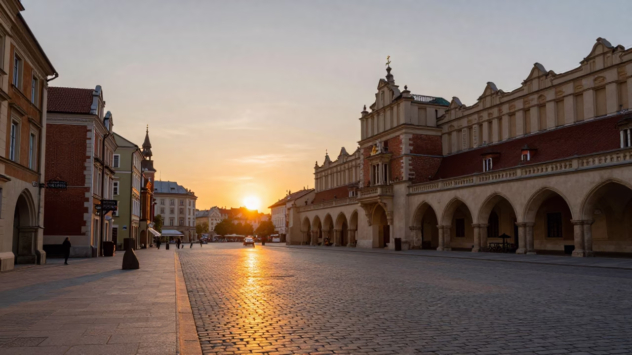 Krakow Poland sunset street scene with historic architecture and local life in in Krakow, Poland