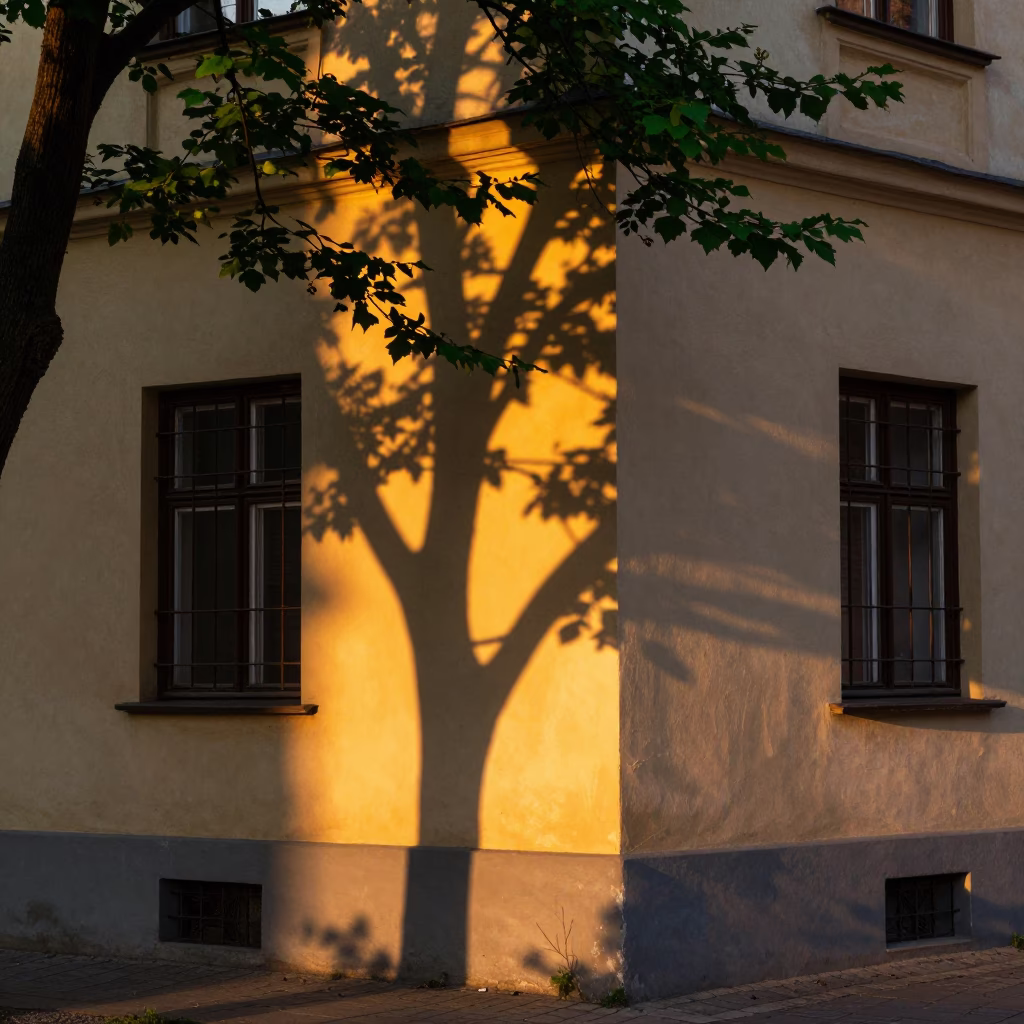 Krakow Poland Sunset Street Scene with Leaf Shadows and Vintage Radio in in Krakow, Poland