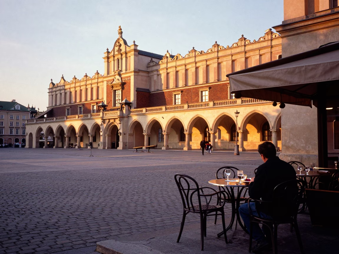 Krakow Poland Sunset Street Scene with Local Diner and Glass Tumbler in in Krakow, Poland