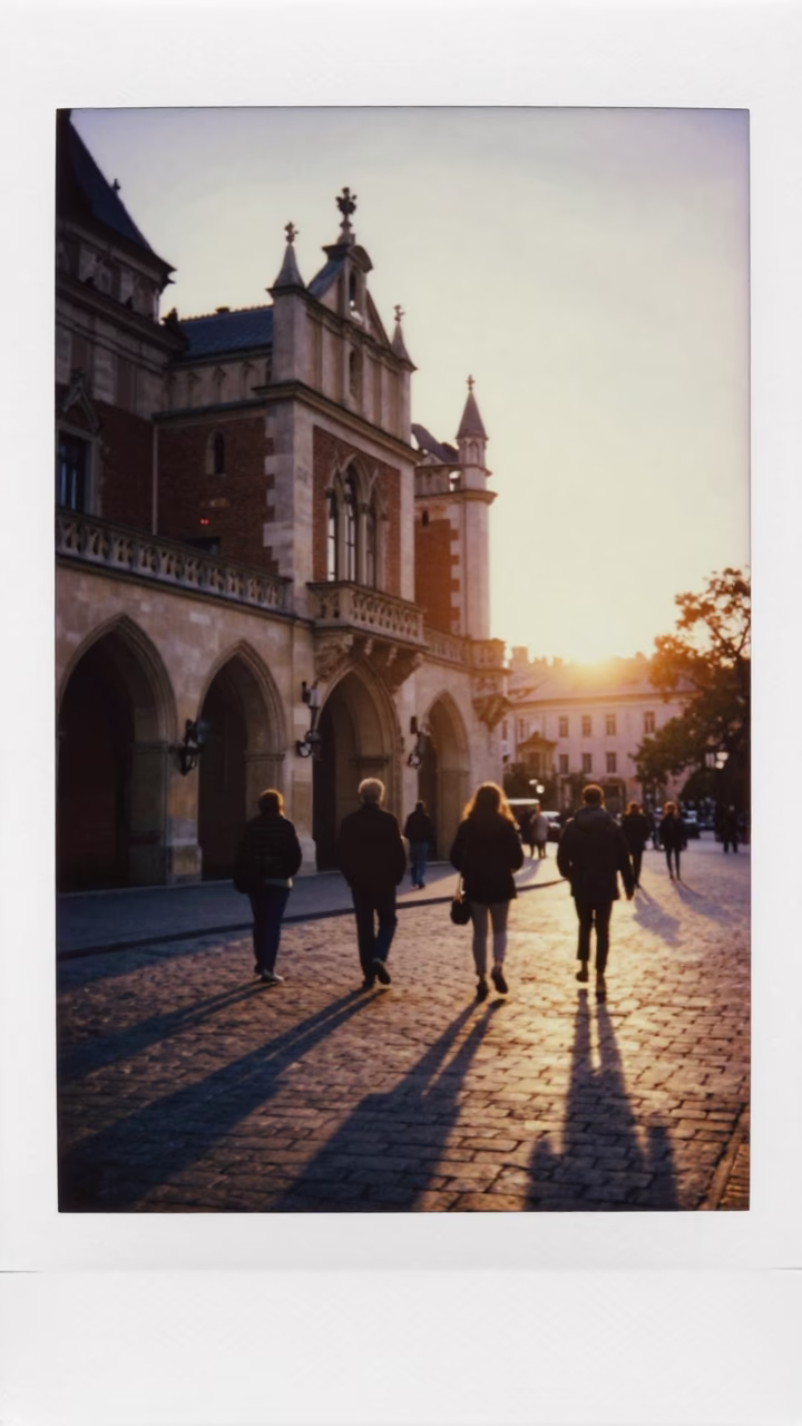 Krakow Poland sunset street scene with locals near historic architecture in in Krakow, Poland