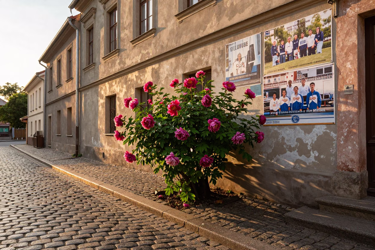 Krakow Poland Sunset Street Scene with Peony Bush and Faded Championship Photos in in Krakow, Poland