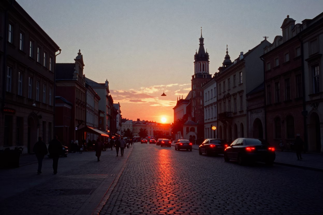 Krakow Poland Sunset Street Scene with Red Taillights and Cobblestone Traffic in in Krakow, Poland