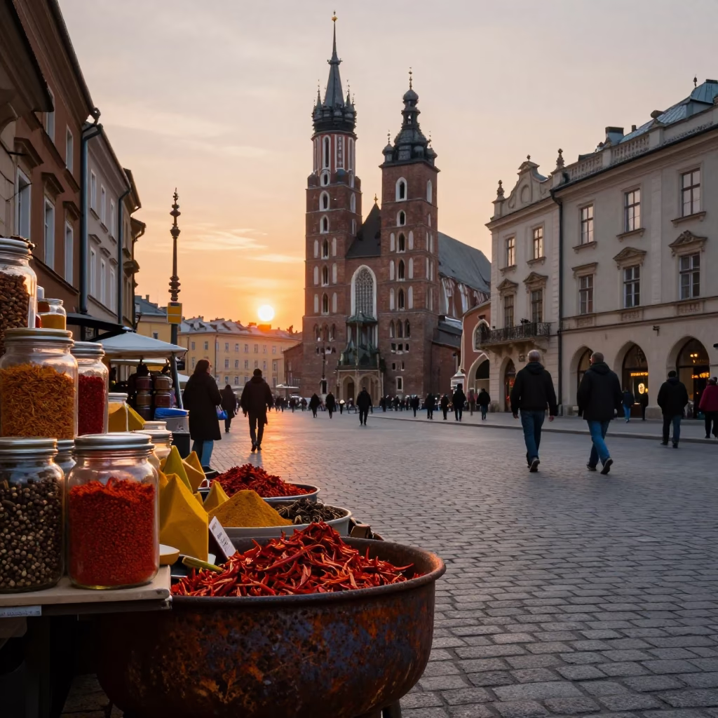 Krakow Poland Sunset Street Scene with Spices and Rusty Basin in in Krakow, Poland