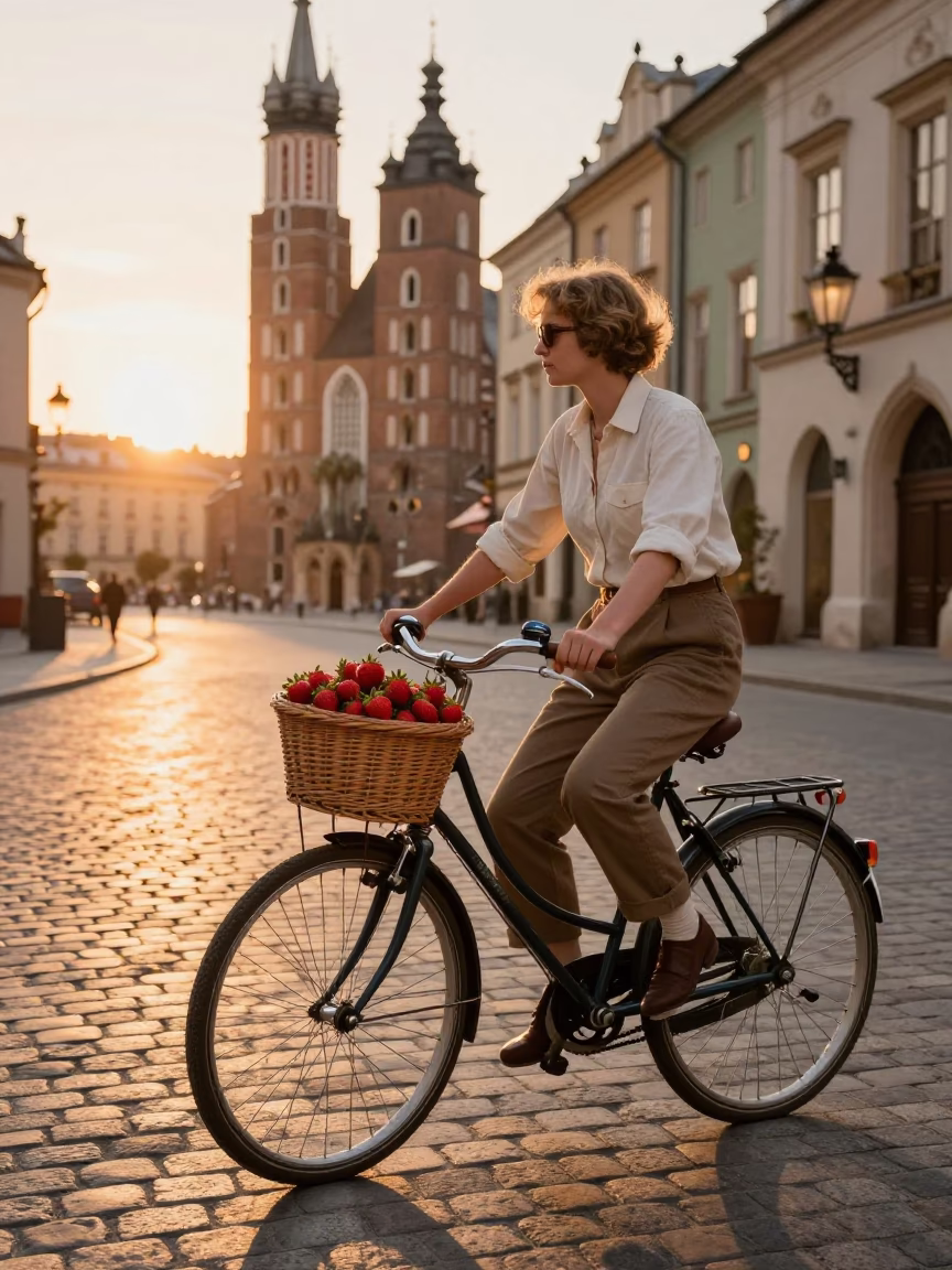 Krakow Poland Sunset Street Scene with Strawberries and Vintage Bicycle in in Krakow, Poland