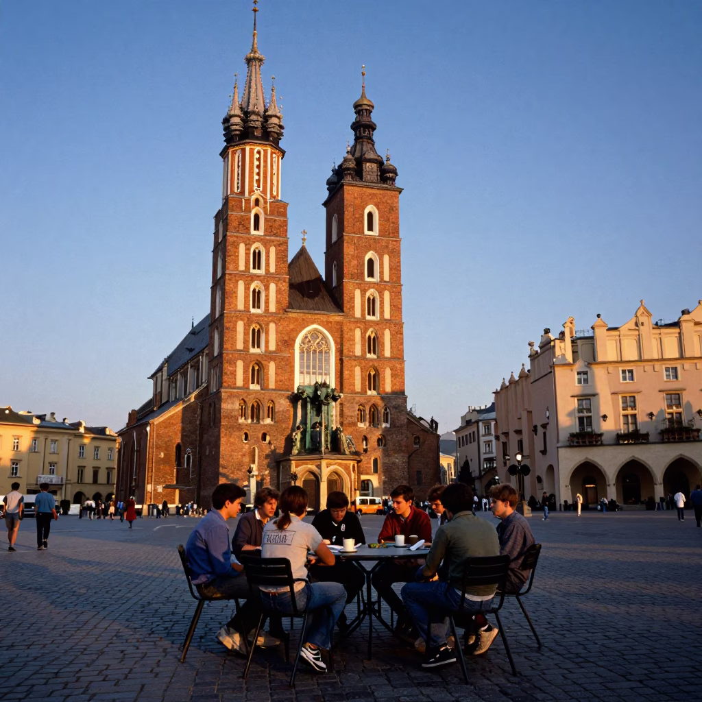 Krakow Poland Sunset Street Scene with University Students at Seminar Table Outside in in Krakow, Poland