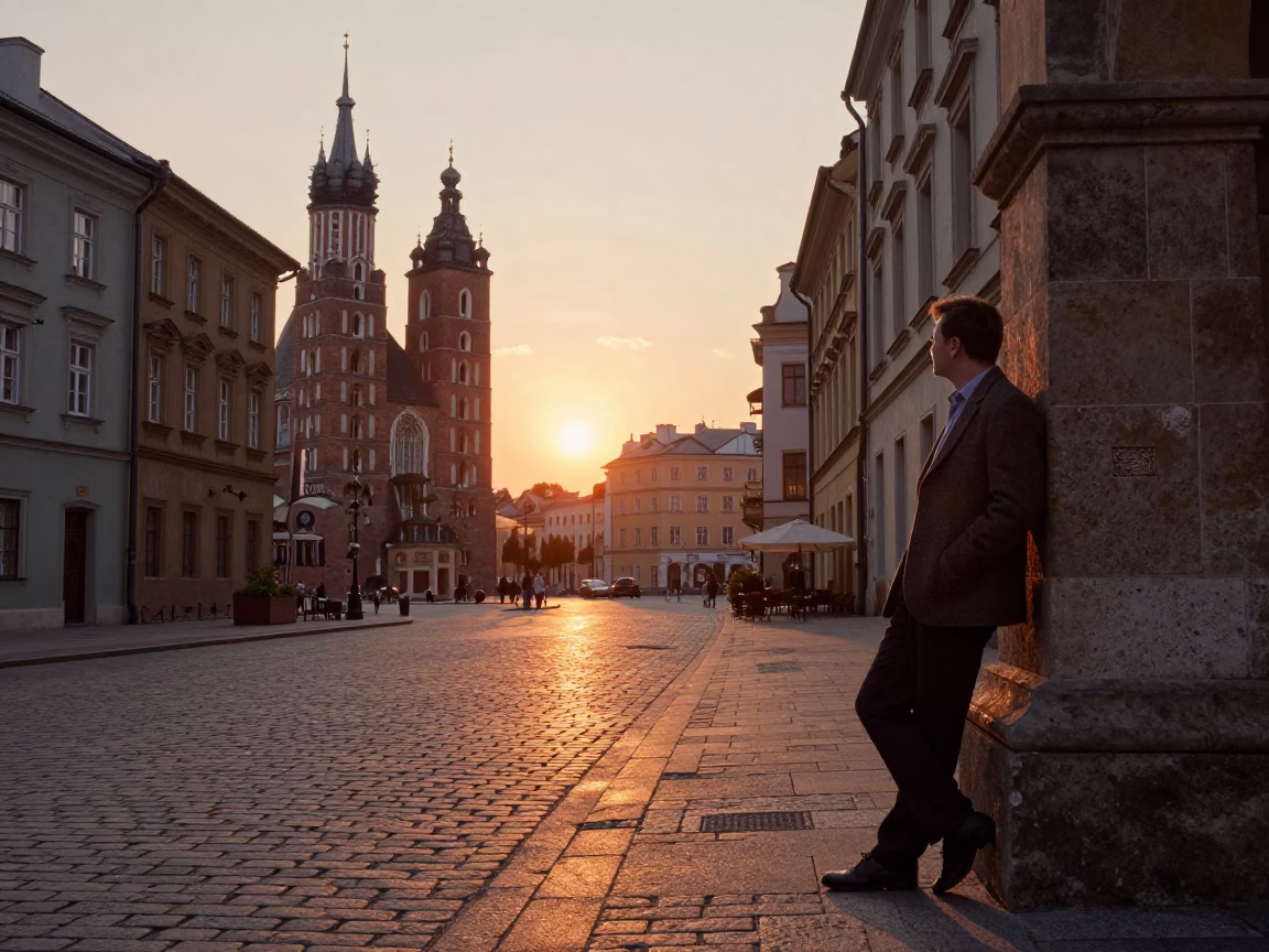 Krakow Poland Sunset Street Scene with Vintage 1970s Atmosphere and Local Details in in Krakow, Poland