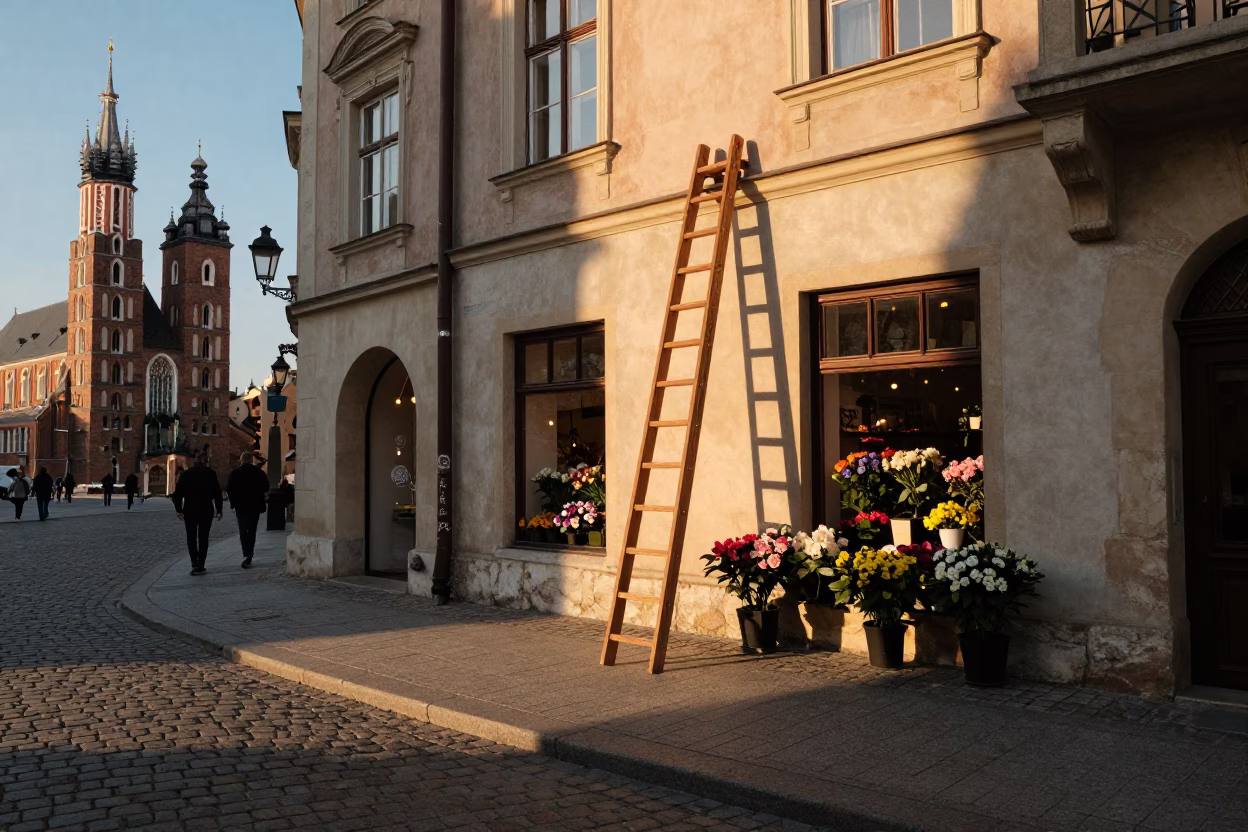 Krakow Poland Sunset Street Scene with Wooden Ladder and Florist Shop in in Krakow, Poland