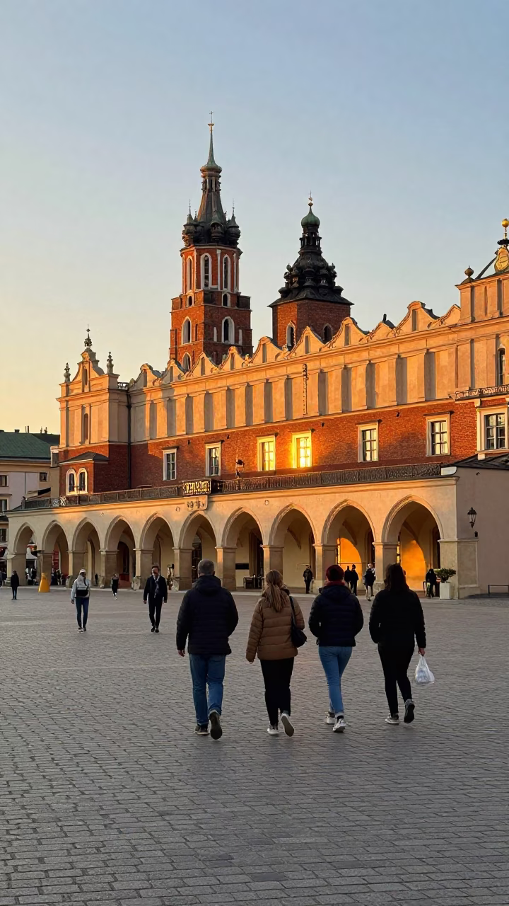 Krakow Poland Sunset Strolling Tourists Near Wawel Castle Historic Architecture in in Krakow, Poland