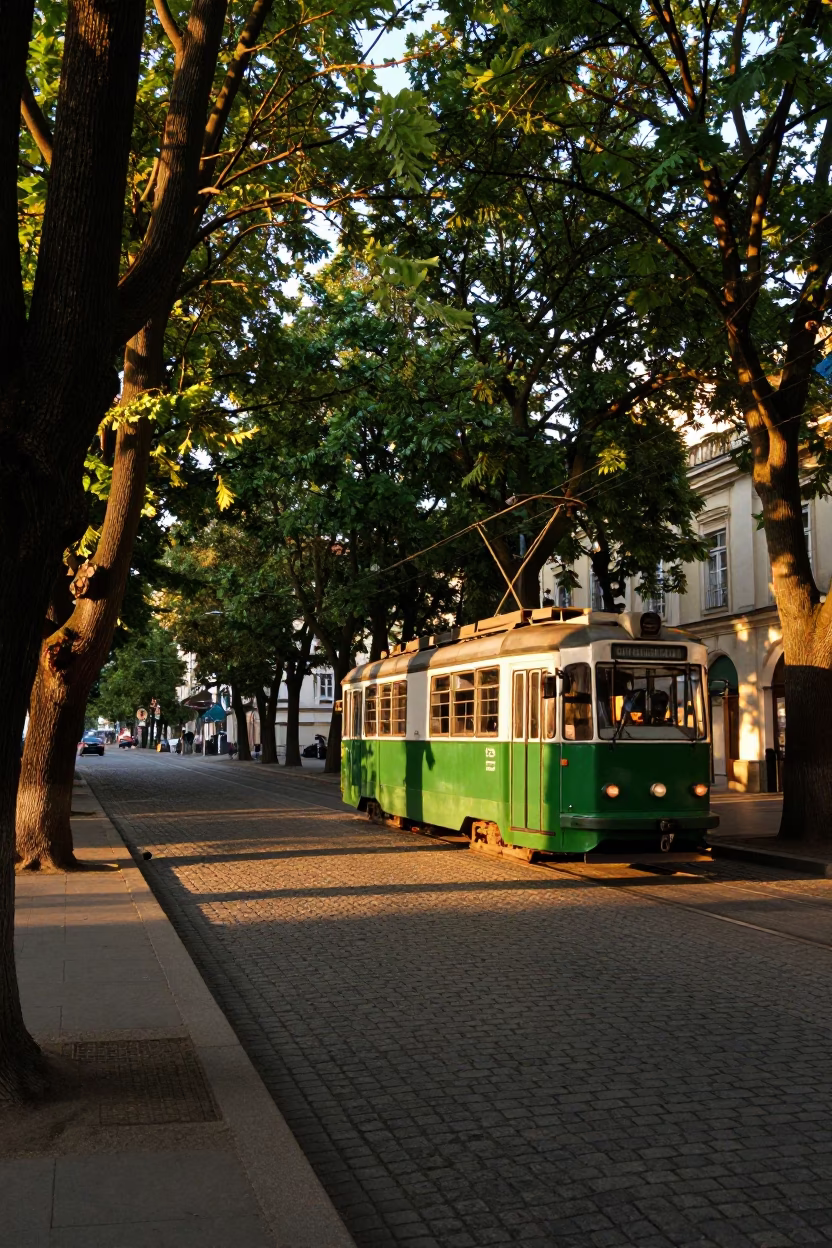 Krakow Poland Sunset Tramcar Tree Lined Boulevard Realistic 1960s Street Photography in in Krakow, Poland