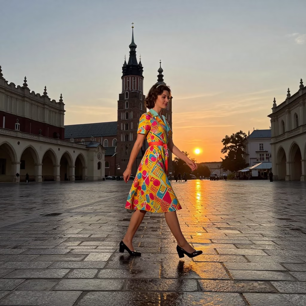 Krakow Poland Sunset University Cloister Wet Flagstones High Fashion Model 1960s Style in in Krakow, Poland