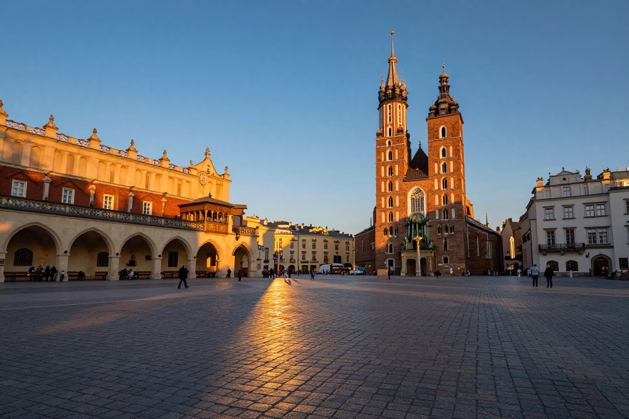 Krakow Poland Sunset View of Main Market Square Cobblestones and Gothic Church Tower in in Krakow, Poland