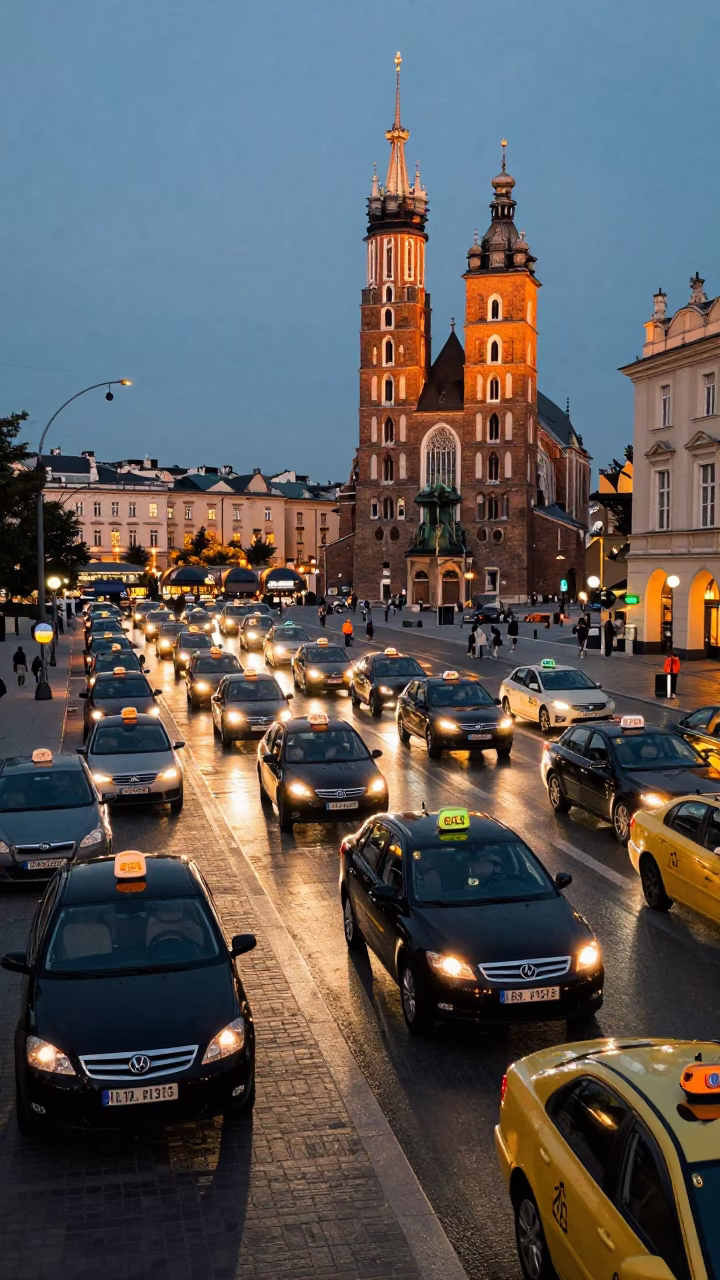 Krakow Poland Taxi Rank Outside Main Train Station at Twilight with City Lights in in Krakow, Poland