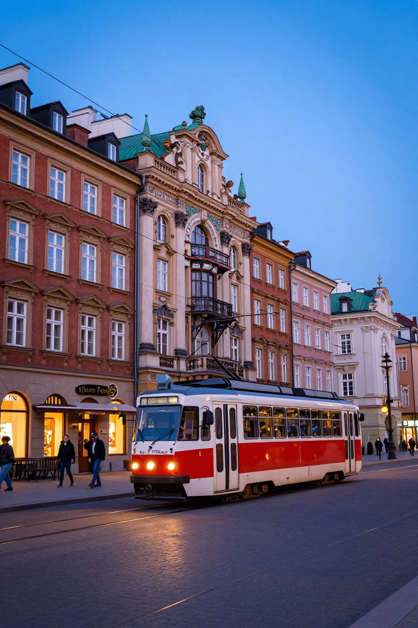 Krakow Poland Tram Rattling Past Art Nouveau Facades in Indigo Twilight in in Krakow, Poland