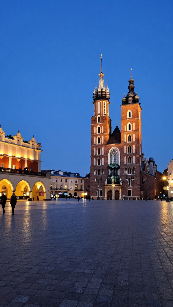 Krakow Poland Twilight Scene Main Square Cobblestones and Gothic Architecture in in Krakow, Poland