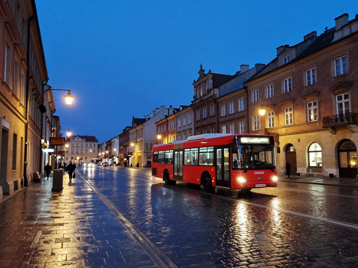 Krakow Poland Twilight Street Scene with Red Bus and Traditional Architecture in in Krakow, Poland