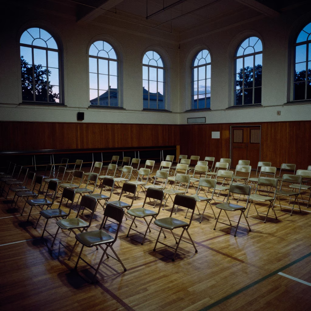 Krakow Poland Twilight Street Scene with School Gym Graduation Seating Plan in in Krakow, Poland