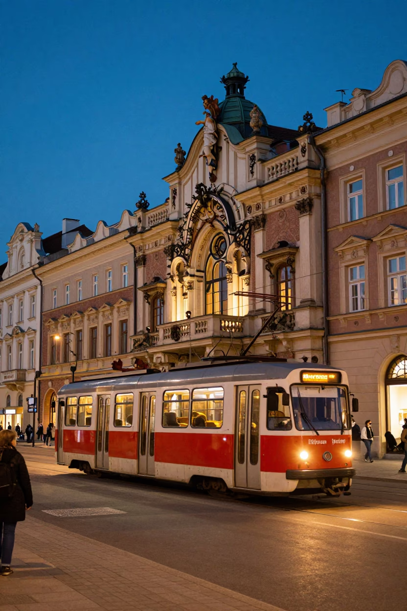Krakow Poland Twilight Street Scene with Tram and Art Nouveau Facades in in Krakow, Poland