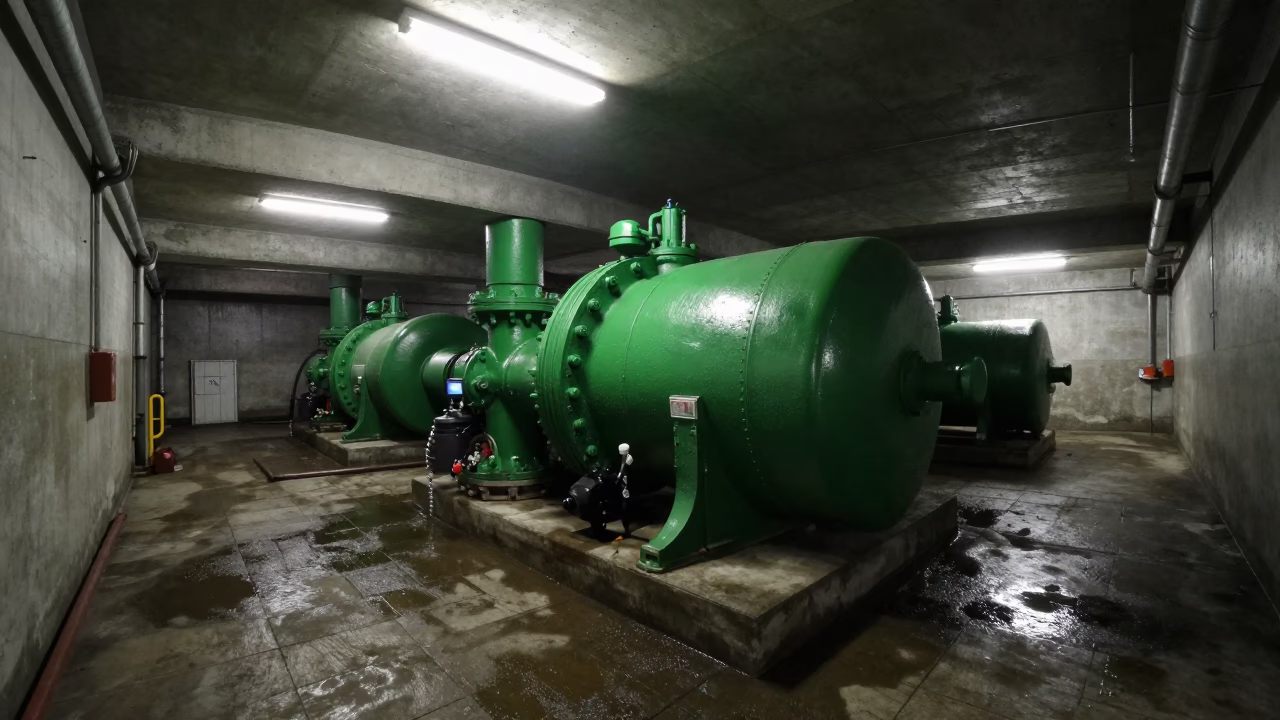 Krakow Sewage Pumping Station Interior with Massive Green Pumps in Predawn Darkness in in Krakow, Poland