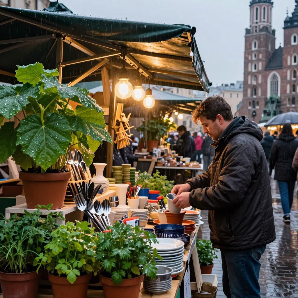 Krakow Shopkeeper Arranging Utensils Under Rainy Dusk Light in in Krakow, Poland