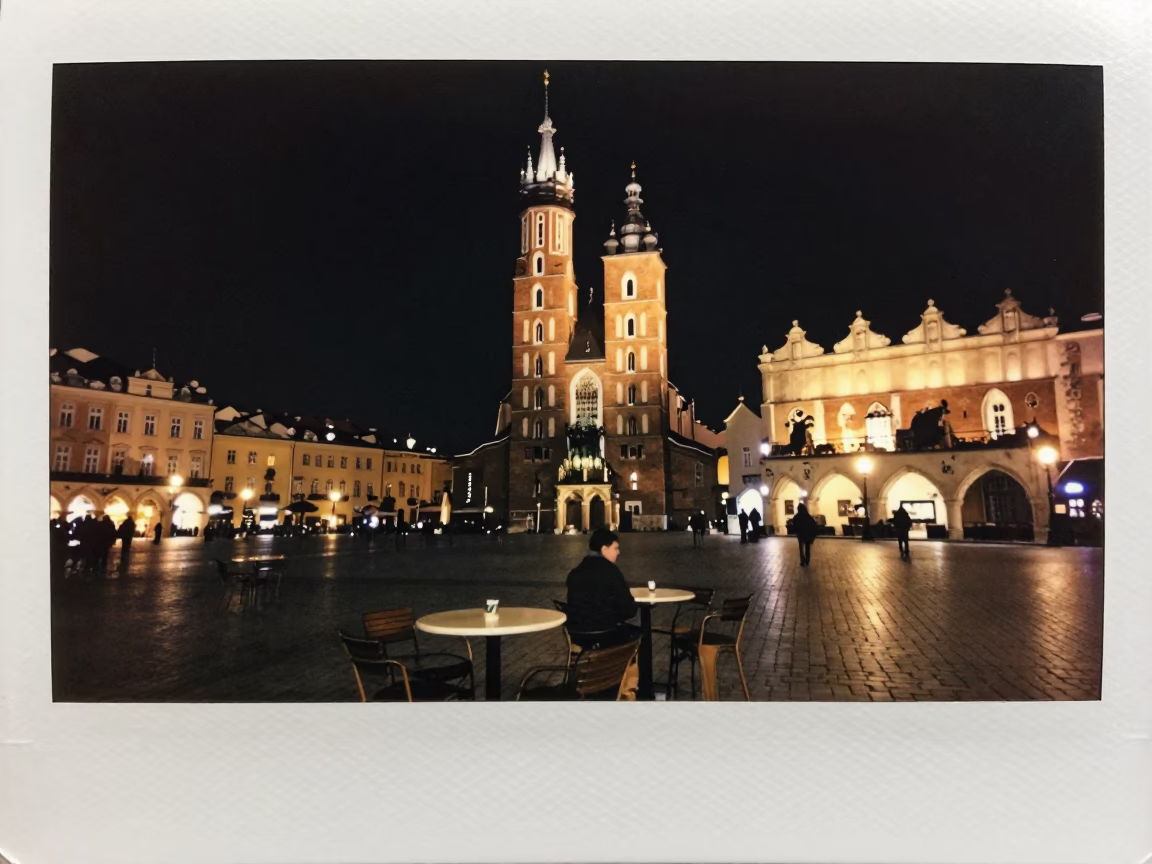 Krakow Square Cobblestones at The Deepest Night Sky Light in in Krakow, Poland