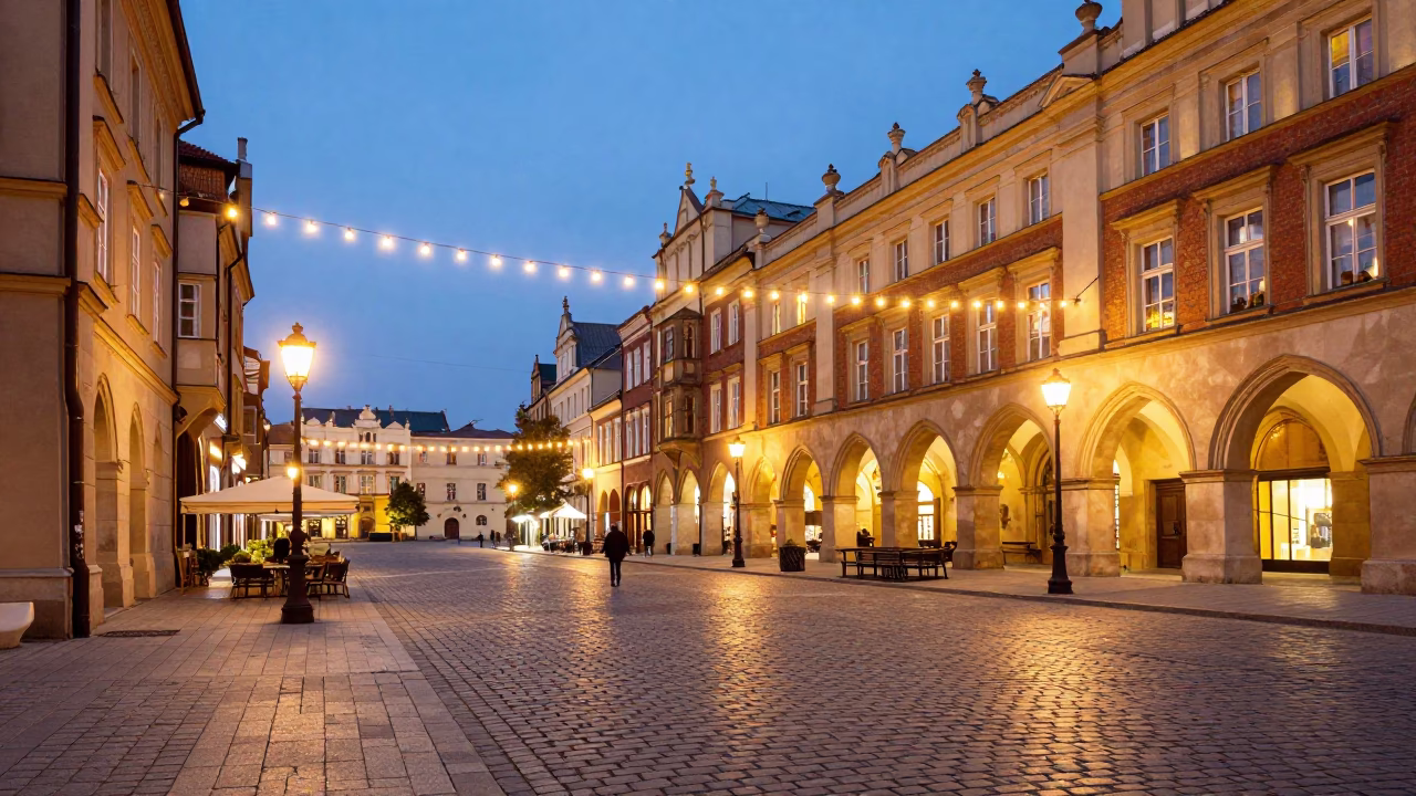 Krakow Street Scene at As City Lights Begin To Glow in in Krakow, Poland