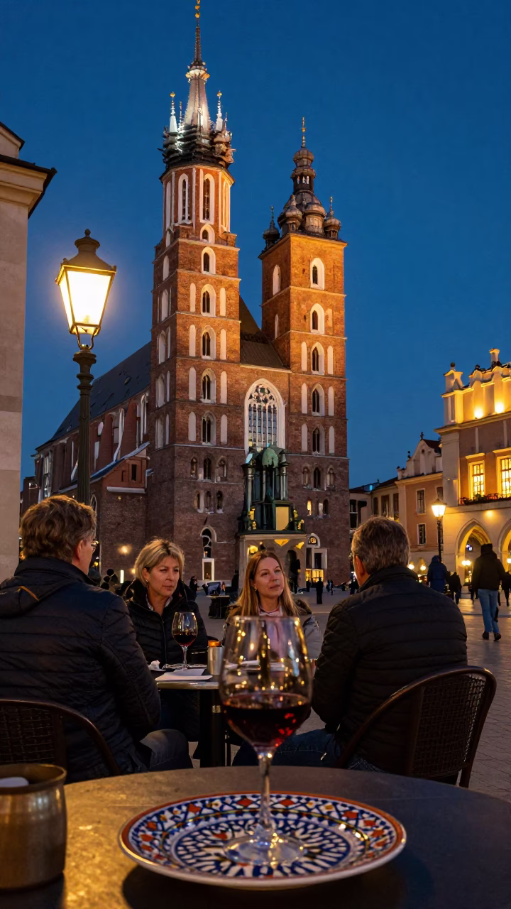 Krakow Street Scene at As City Lights Begin To Glow in in Krakow, Poland
